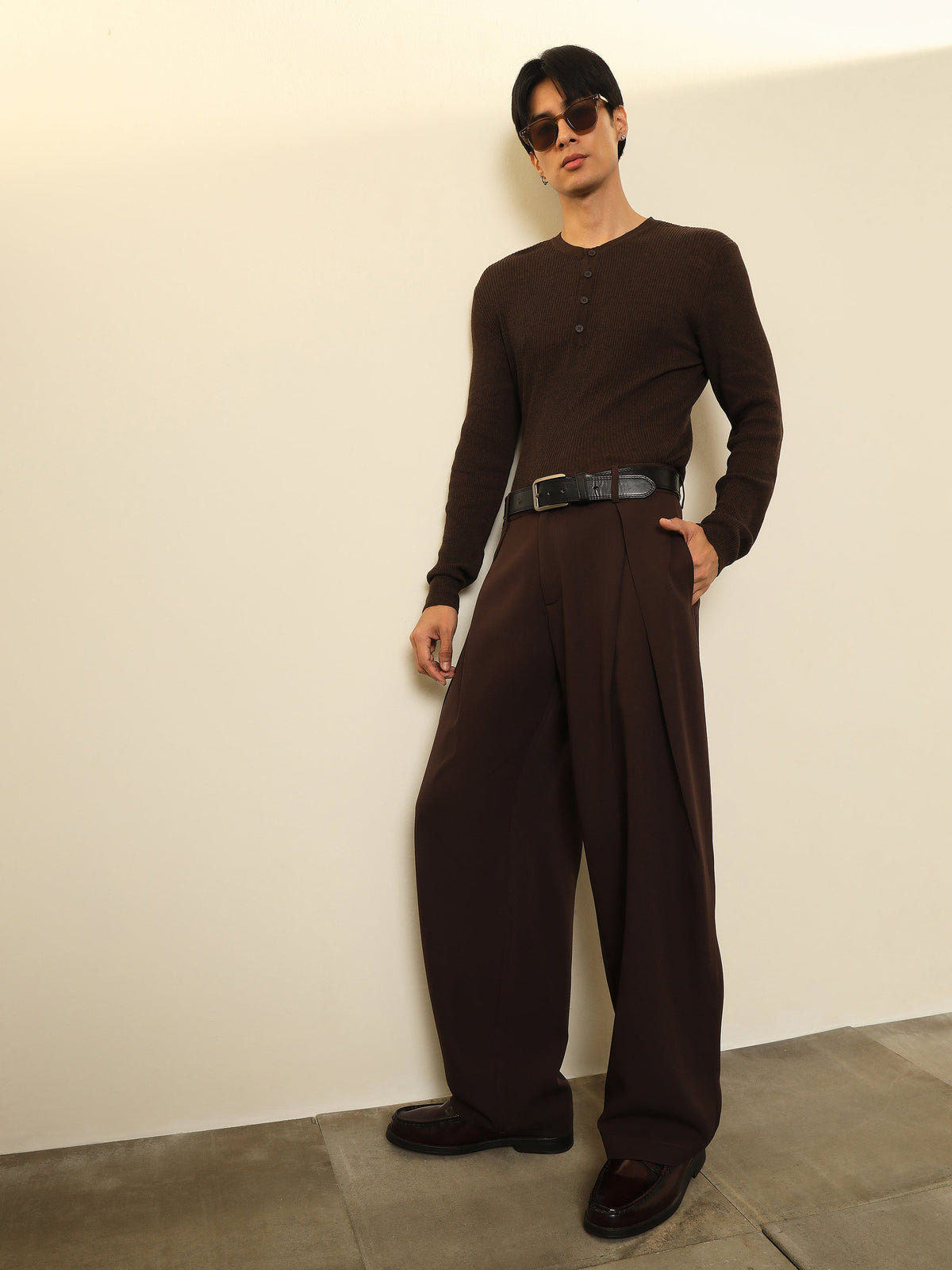 Dark Brown Overlapping Pleates Korean Pants-MASCLN SASSAFRAS