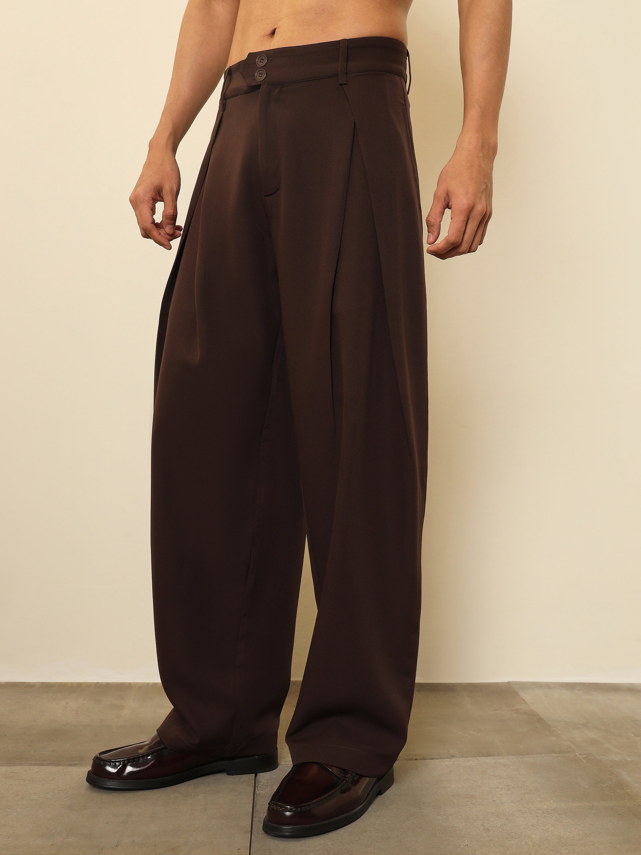 Dark Brown Overlapping Pleates Korean Pants-MASCLN SASSAFRAS
