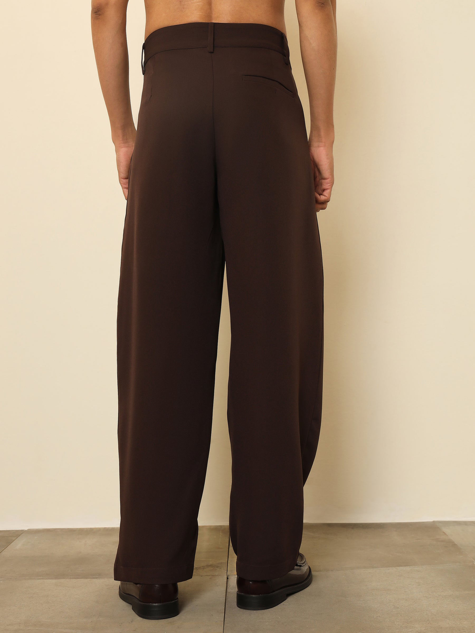 Men Dark Brown Overlapping Pleates Korean Pants