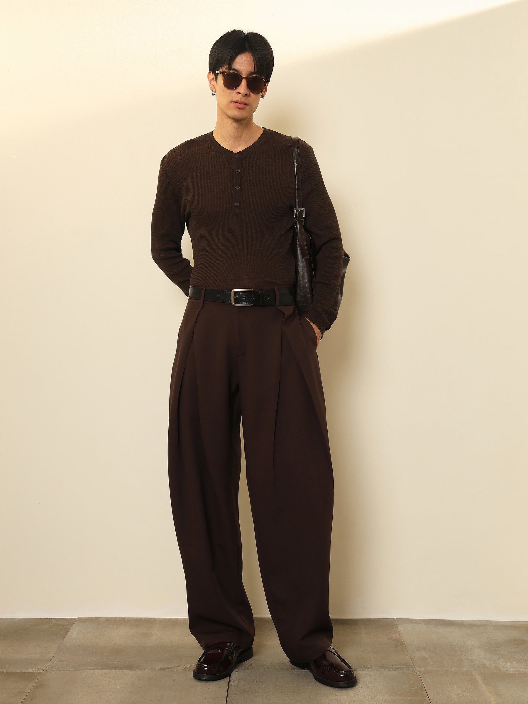Men Dark Brown Overlapping Pleates Korean Pants