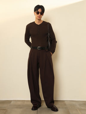 Men Dark Brown Overlapping Pleates Korean Pants