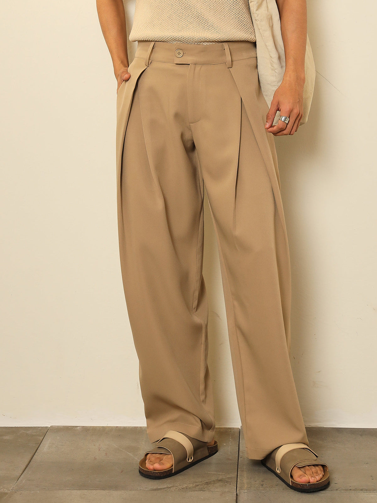Beige Overlapping Pleates Korean Pants-MASCLN SASSAFRAS