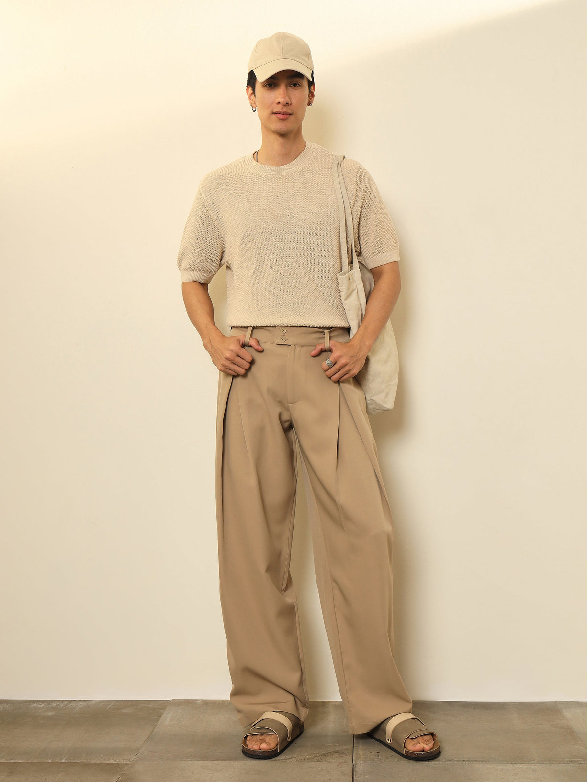Beige Overlapping Pleates Korean Pants-MASCLN SASSAFRAS