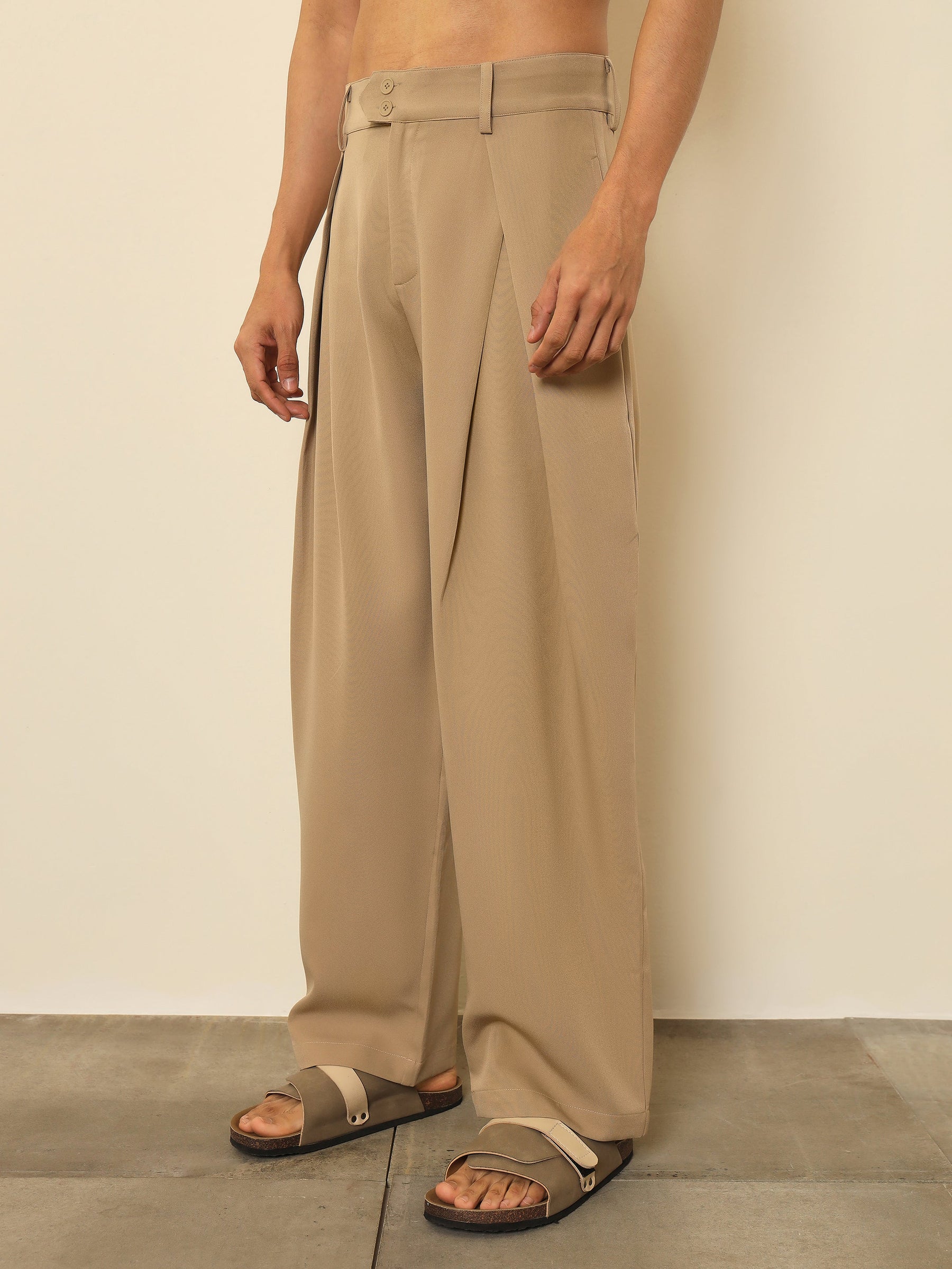 Beige Overlapping Pleates Korean Pants-MASCLN SASSAFRAS