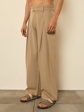 Beige Overlapping Pleates Korean Pants-MASCLN SASSAFRAS