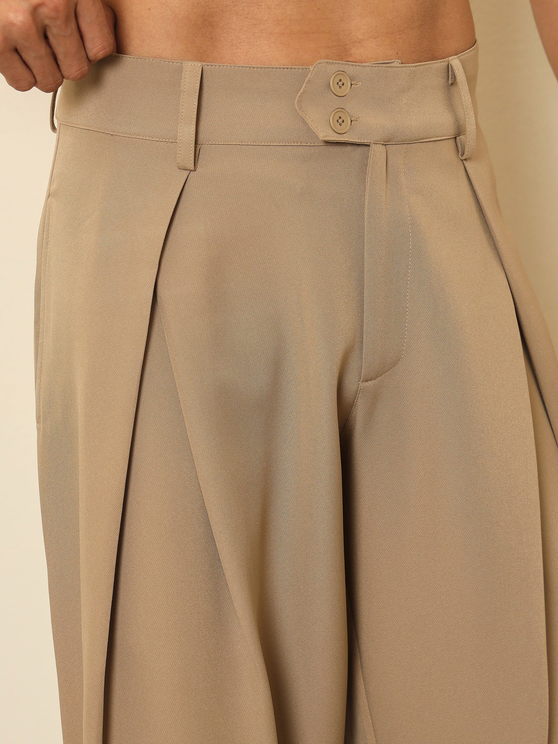 Beige Overlapping Pleates Korean Pants-MASCLN SASSAFRAS