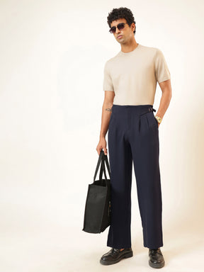 Men Navy Blue No-waistband High-Waist Korean Pants