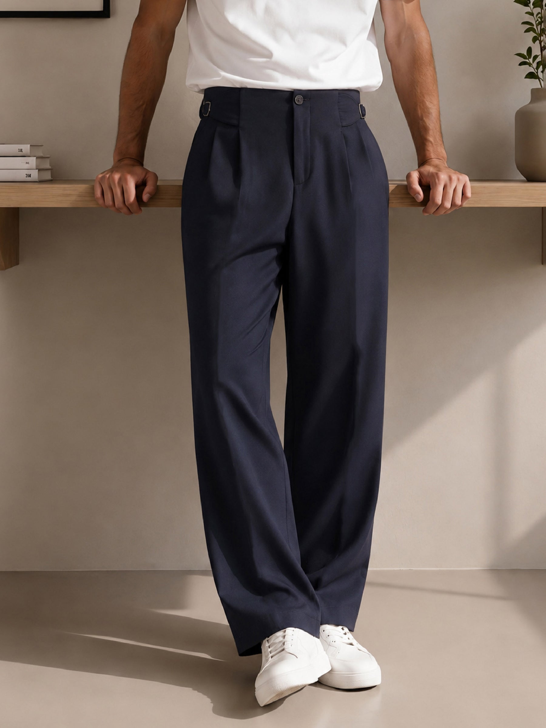 Men Navy Blue No-waistband High-Waist Korean Pants