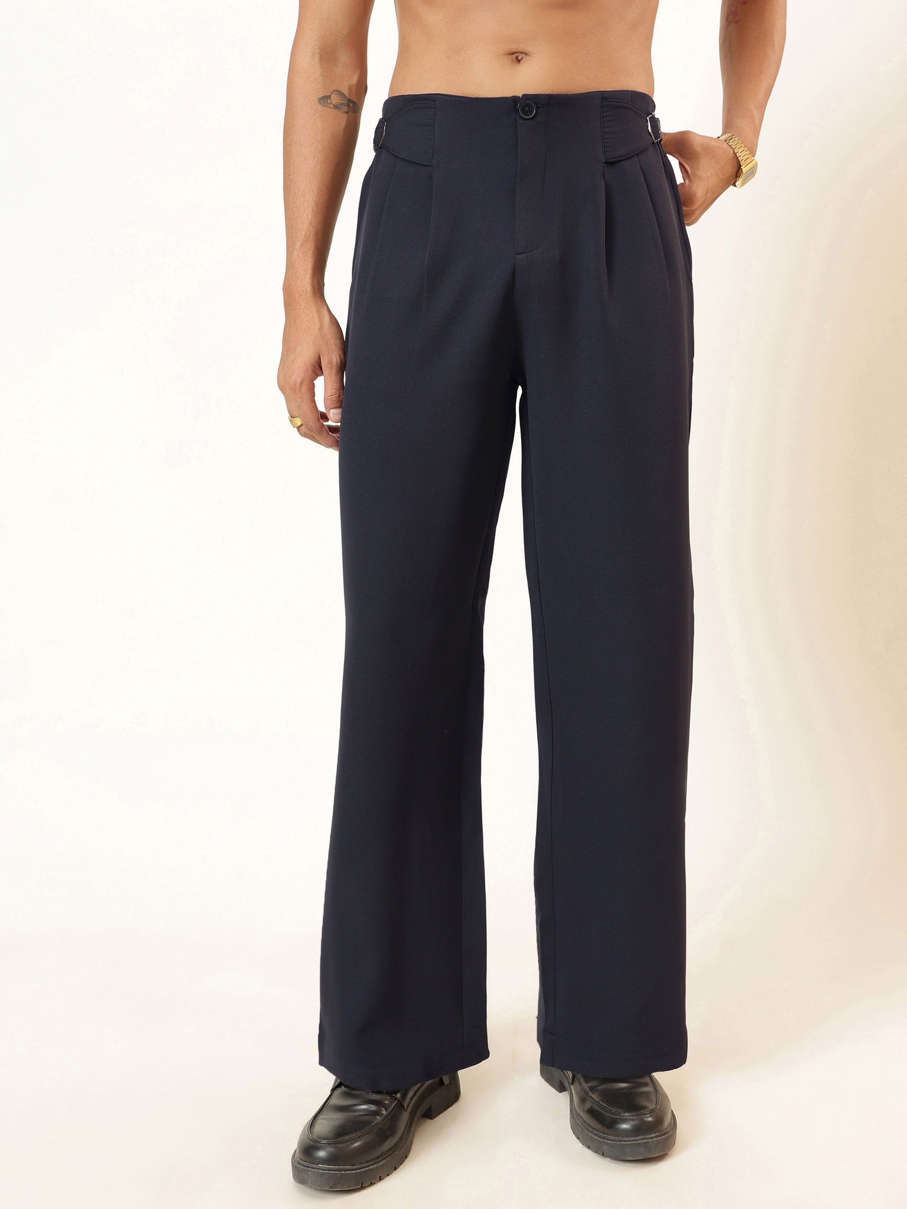 Men Navy Blue No-waistband High-Waist Korean Pants