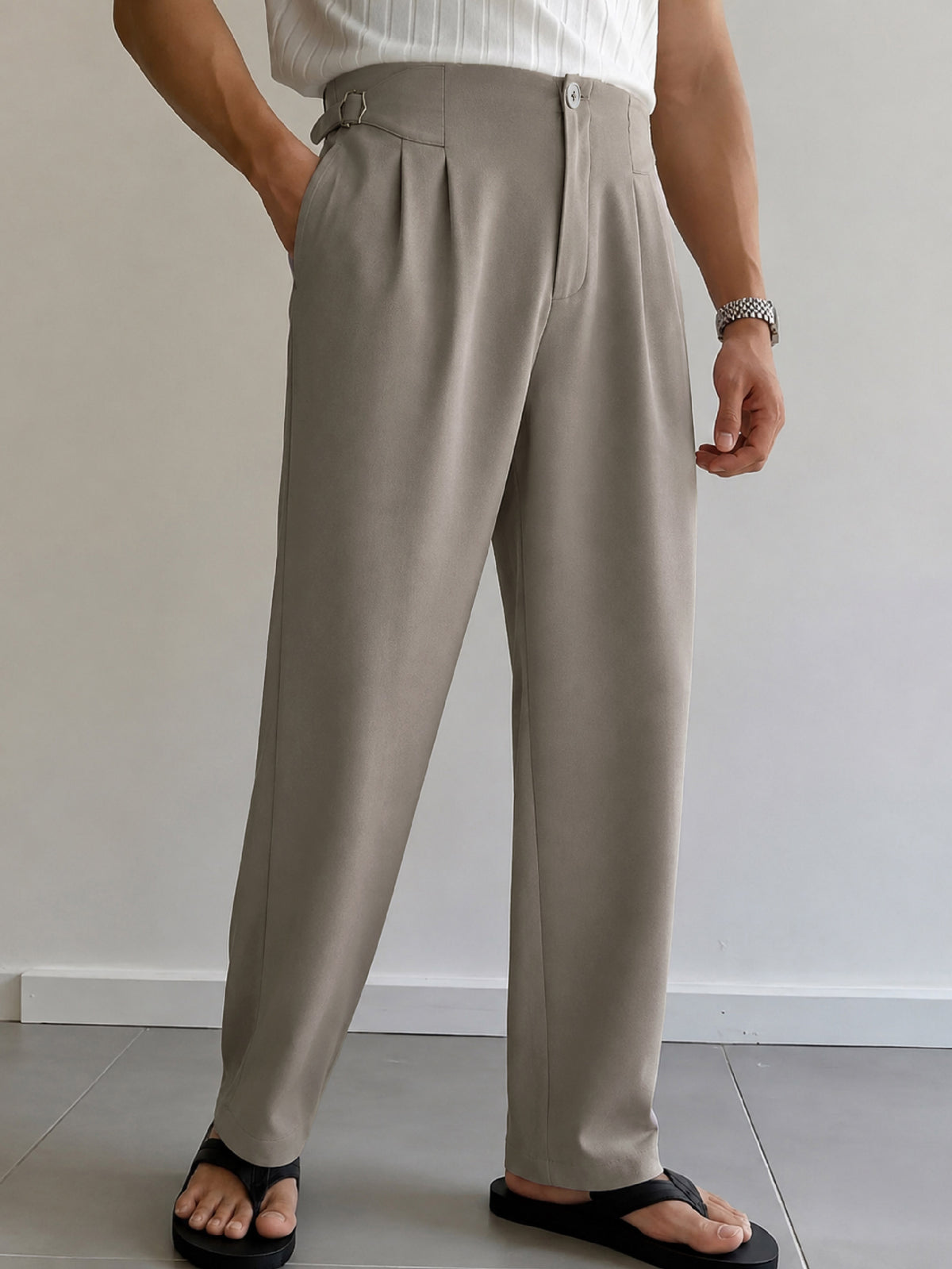 Dull Beige No-waistband High-Waist Korean Pants-MASCLN SASSAFRAS