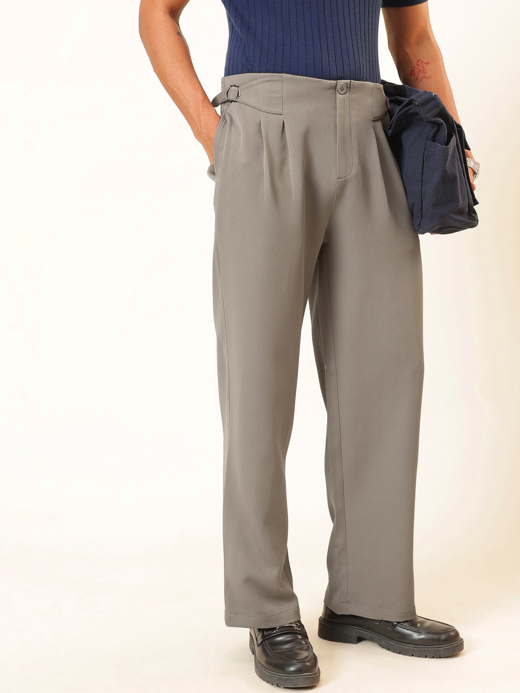 Men Dull Beige No-waistband High-Waist Korean Pants