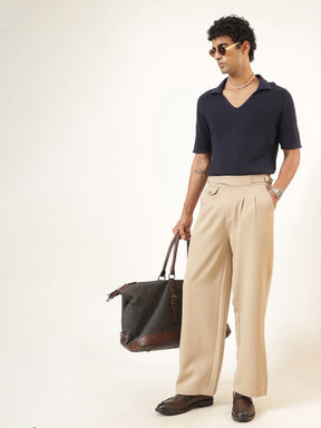 Beige Dual-Dart Waist Adjuster Korean Pants-MASCLN SASSAFRAS