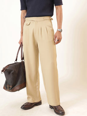 Men Beige Dual-Dart Waist Adjuster Korean Pants