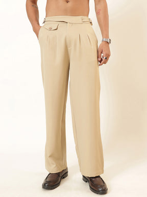 Men Beige Dual-Dart Waist Adjuster Korean Pants