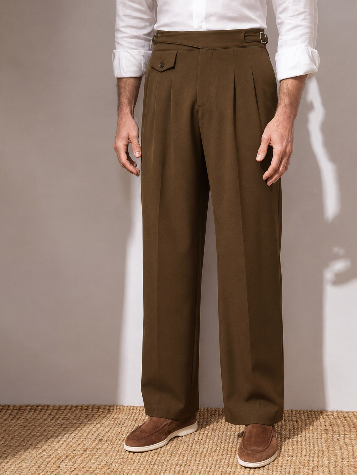 Tan Brown Dual-Dart Waist Adjuster Korean Pants-MASCLN SASSAFRAS