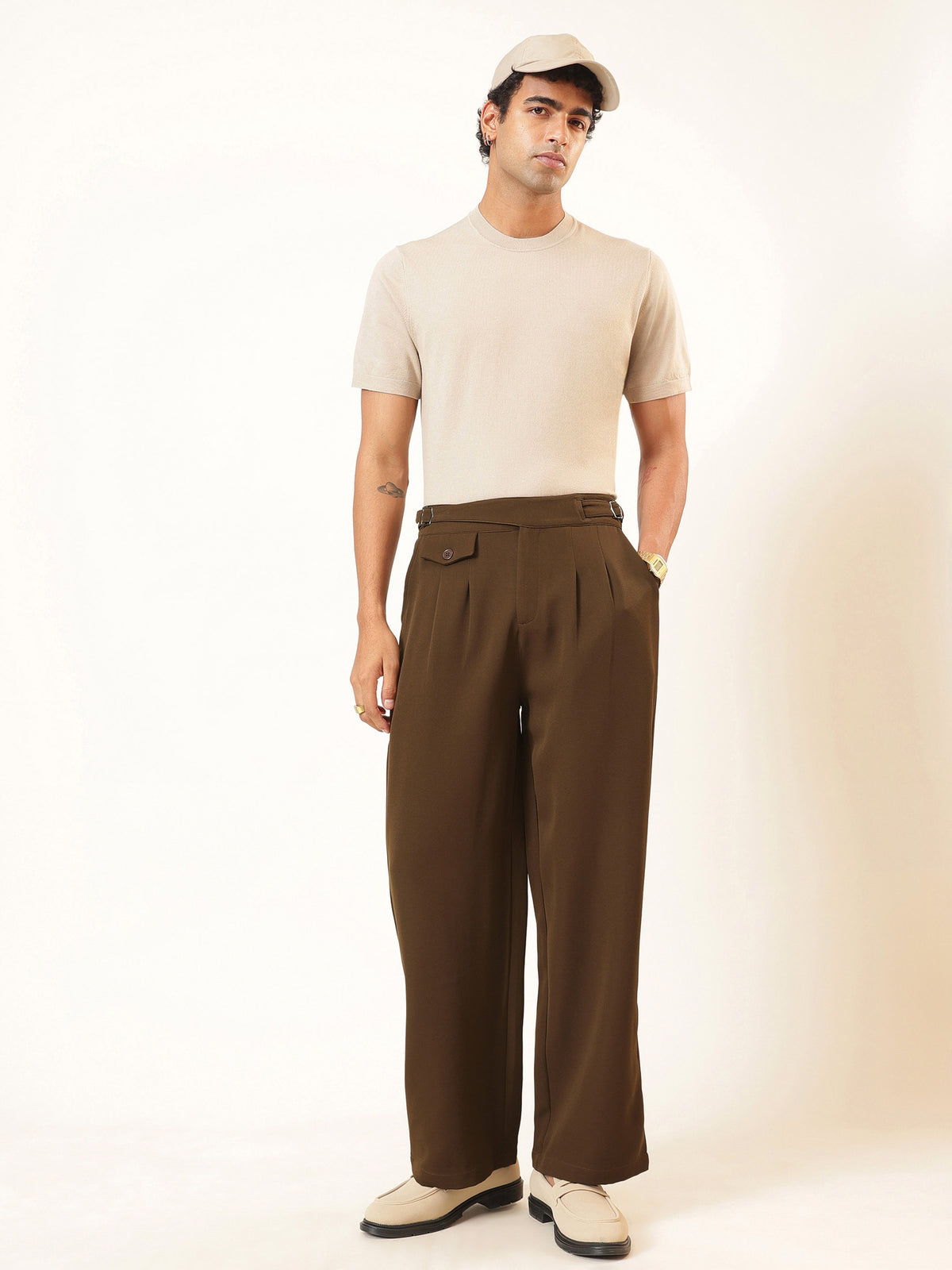 Tan Brown Dual-Dart Waist Adjuster Korean Pants-MASCLN SASSAFRAS