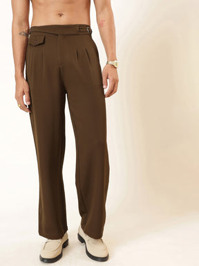 Men Tan Brown Dual-Dart Waist Adjuster Korean Pants