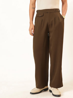 Men Tan Brown Dual-Dart Waist Adjuster Korean Pants