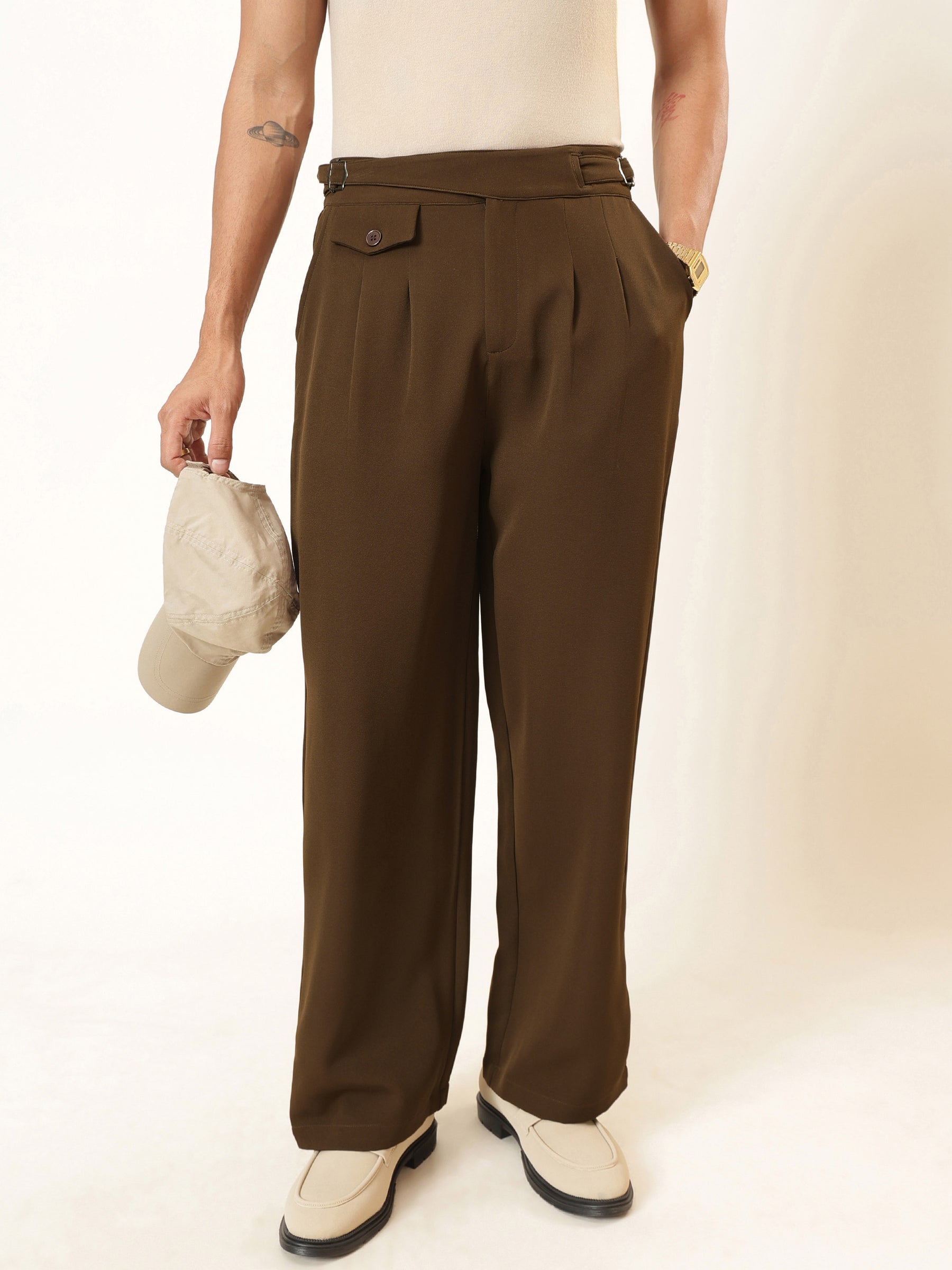 Men Tan Brown Dual-Dart Waist Adjuster Korean Pants