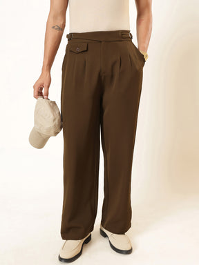 Men Tan Brown Dual-Dart Waist Adjuster Korean Pants