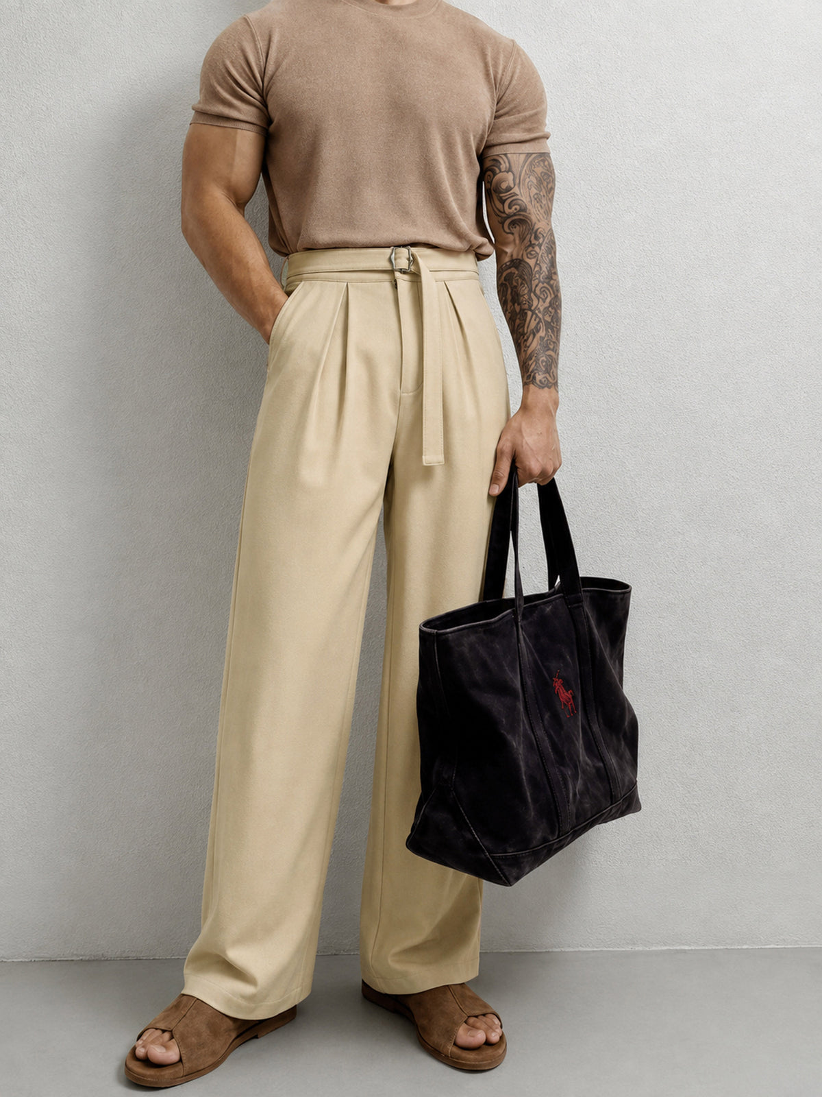 Beige Invert Pleat High Waist Korean Pants-MASCLN SASSAFRAS