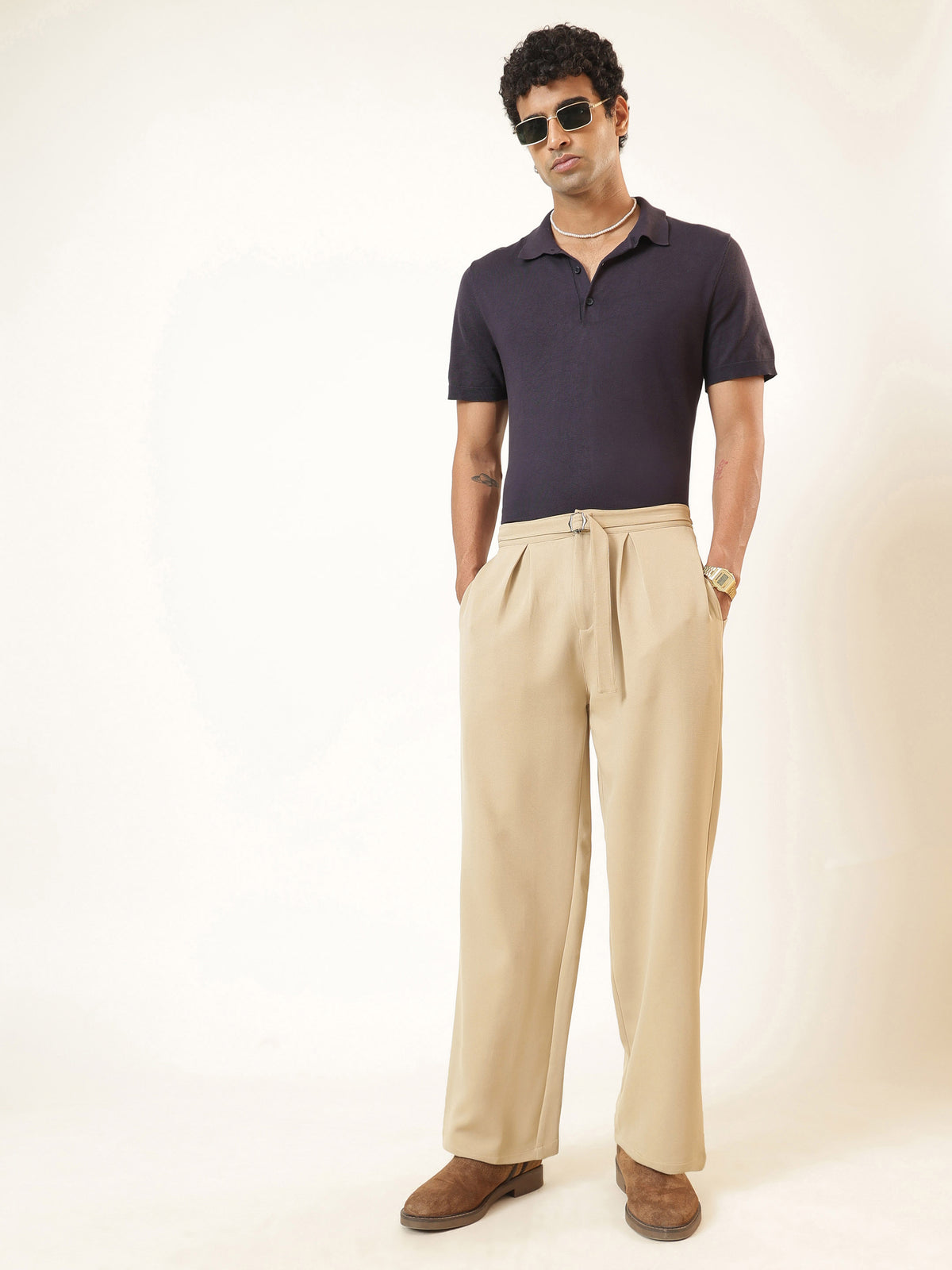 Beige Invert Pleat High Waist Korean Pants-MASCLN SASSAFRAS