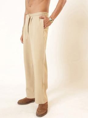 Beige Invert Pleat High Waist Korean Pants-MASCLN SASSAFRAS