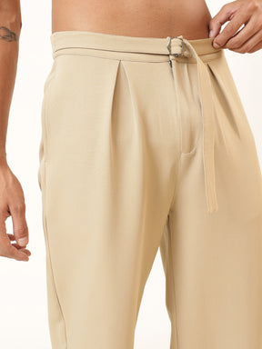 Beige Invert Pleat High Waist Korean Pants-MASCLN SASSAFRAS