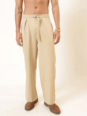 Men Beige Invert Pleat High Waist Korean Pants