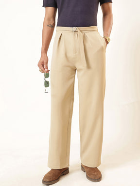 Men Beige Invert Pleat High Waist Korean Pants