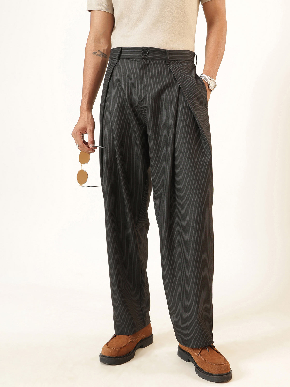 Black & White Stripe Invert Pleat High waist Korean Pants-MASCLN SASSAFRAS
