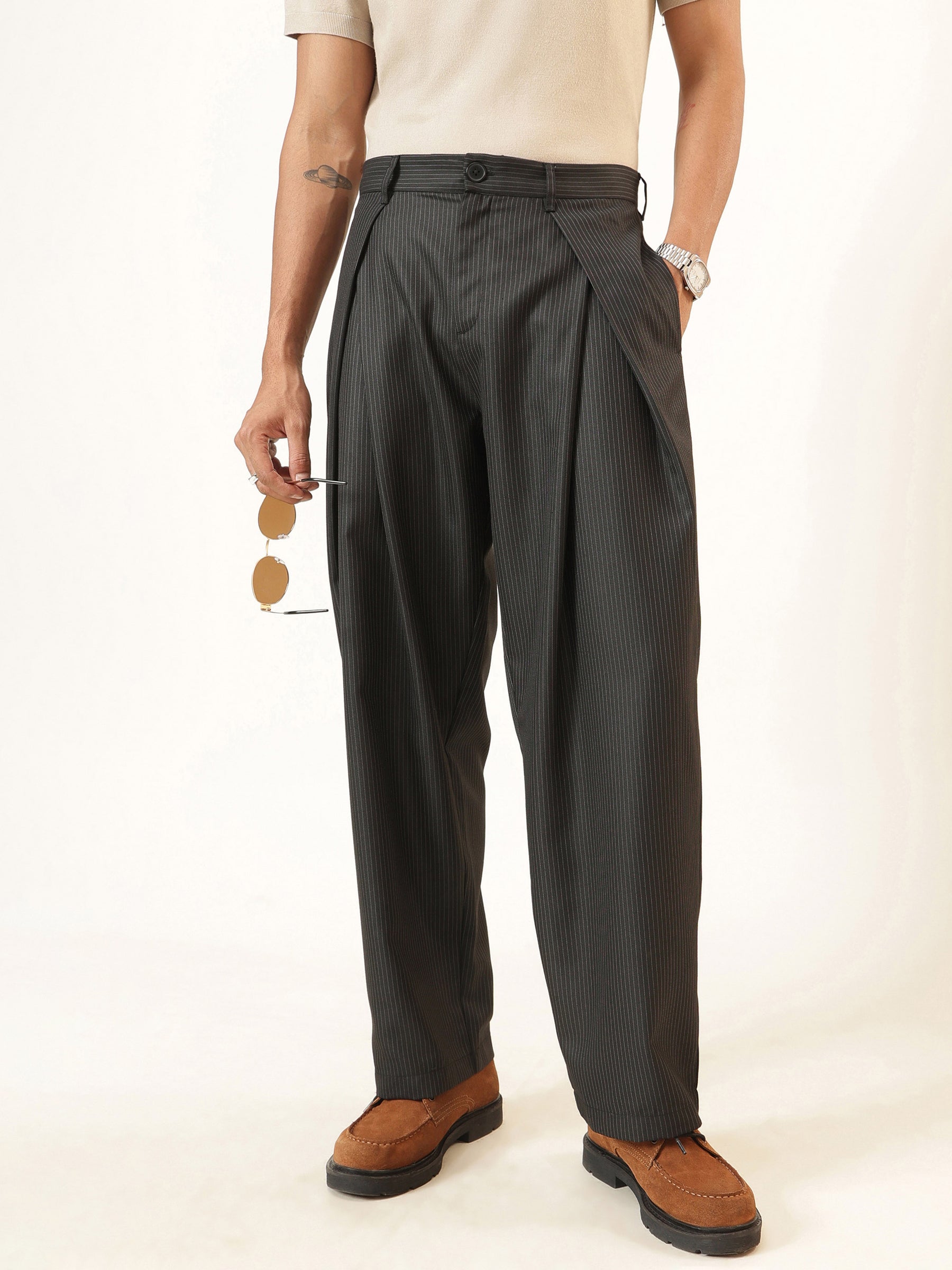 Black & White Stripe Invert Pleat High waist Korean Pants-MASCLN SASSAFRAS