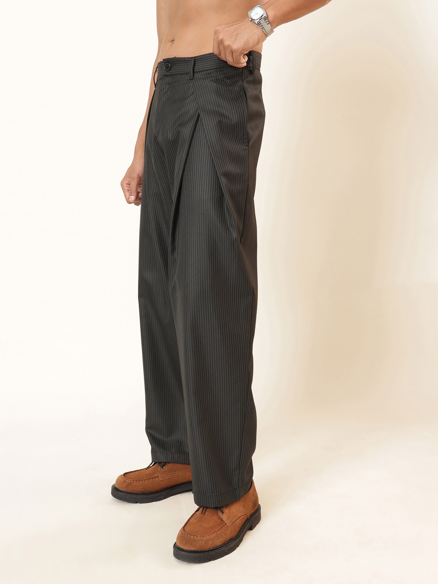 Black & White Stripe Invert Pleat High waist Korean Pants-MASCLN SASSAFRAS