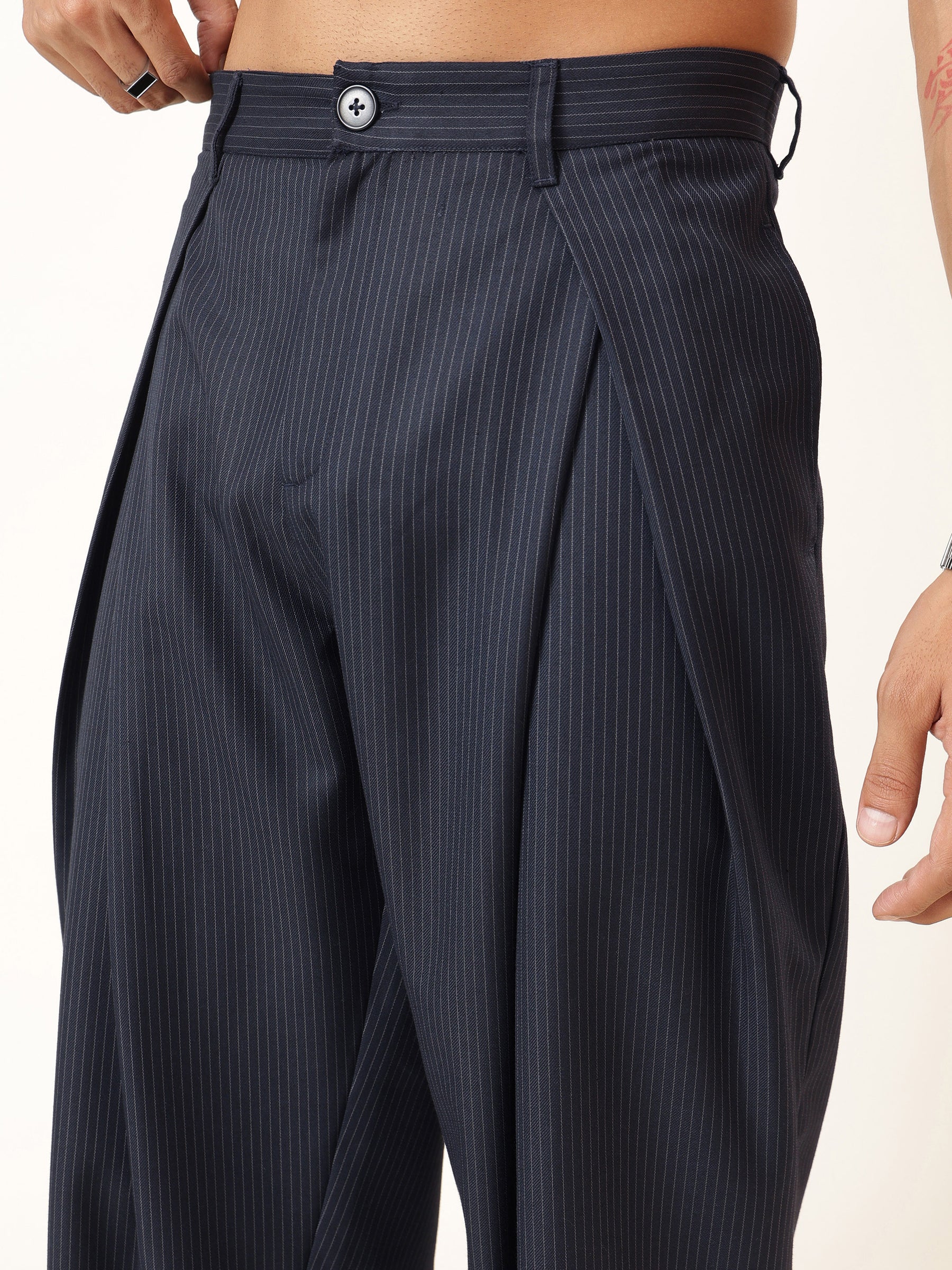 Blue & White Stripe Invert Pleat High Pleat korean Pants-MASCLN SASSAFRAS