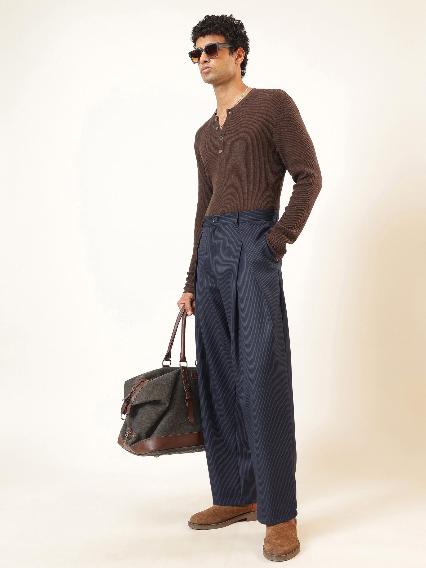 Men Blue & White Stripe Invert Pleat High Pleat korean Pants