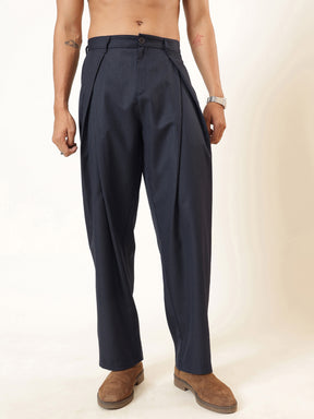 Men Blue & White Stripe Invert Pleat High Pleat korean Pants
