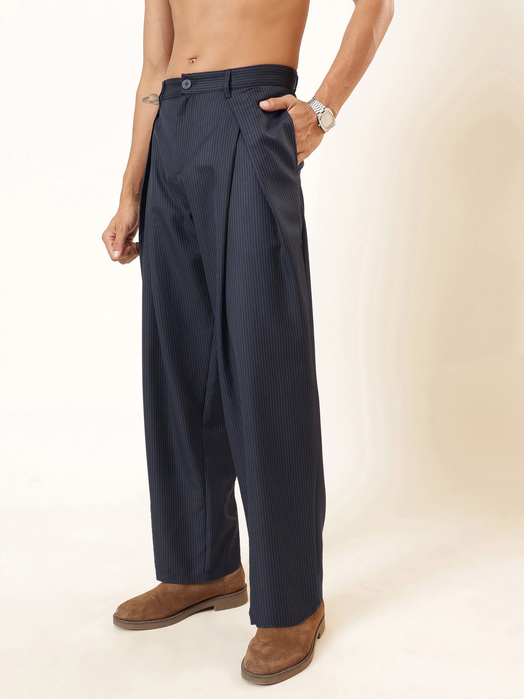 Men Blue & White Stripe Invert Pleat High Pleat korean Pants