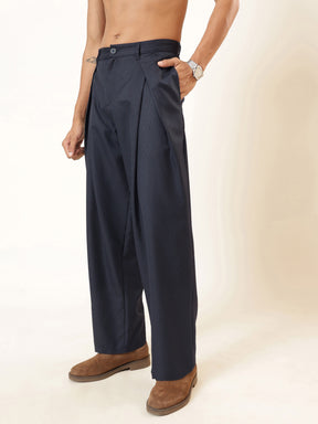 Men Blue & White Stripe Invert Pleat High Pleat korean Pants