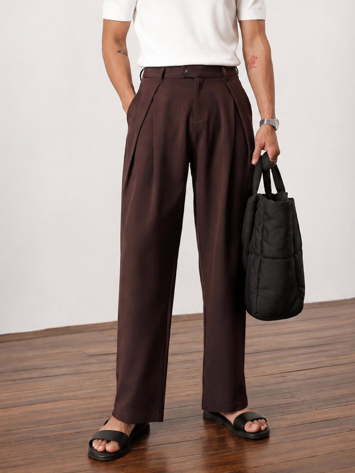 Dark Brown Front Pleat High Waist Korean Pants-MASCLN SASSAFRAS