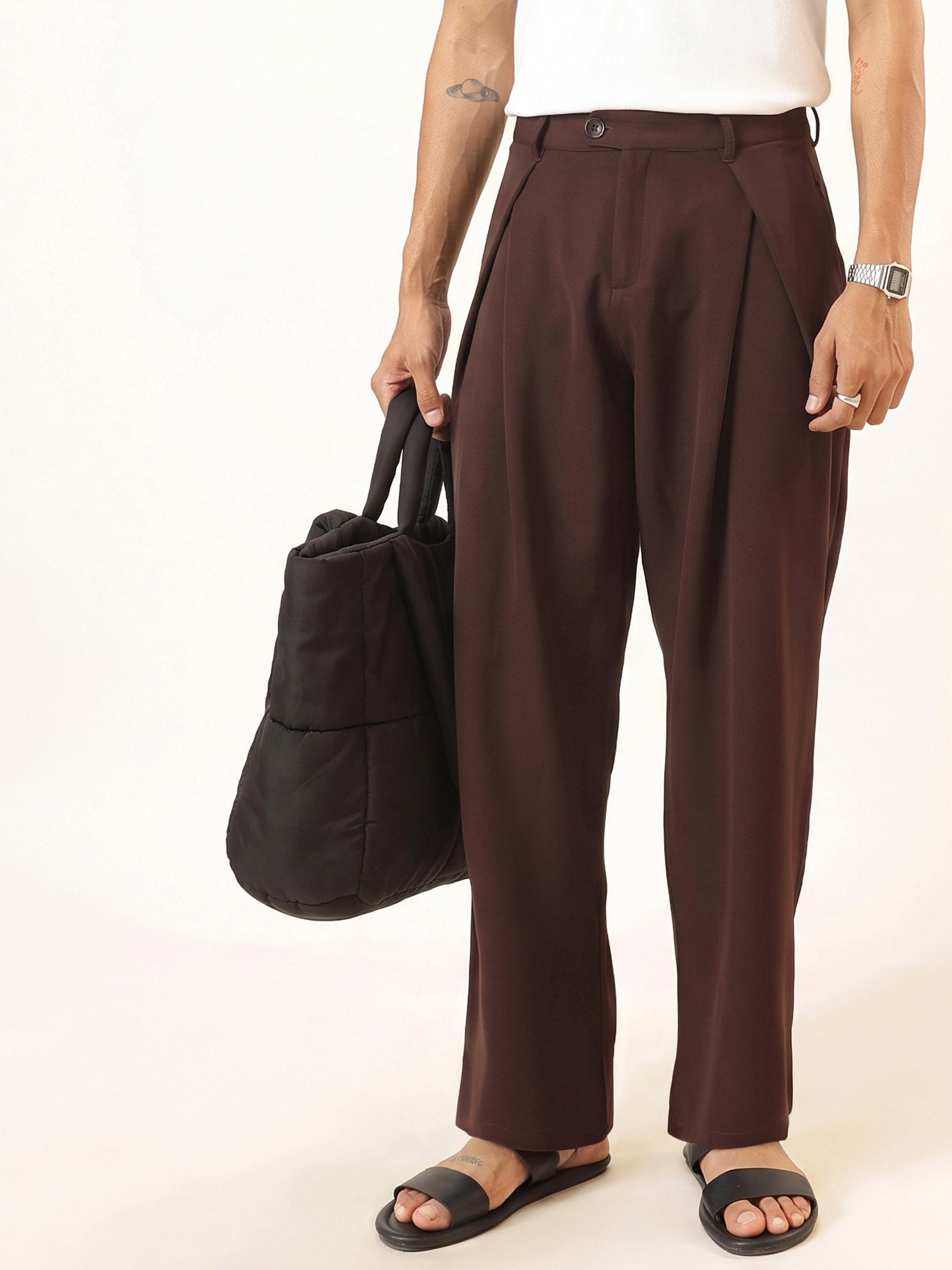 Men Dark Brown Front Pleat High Waist Korean Pants
