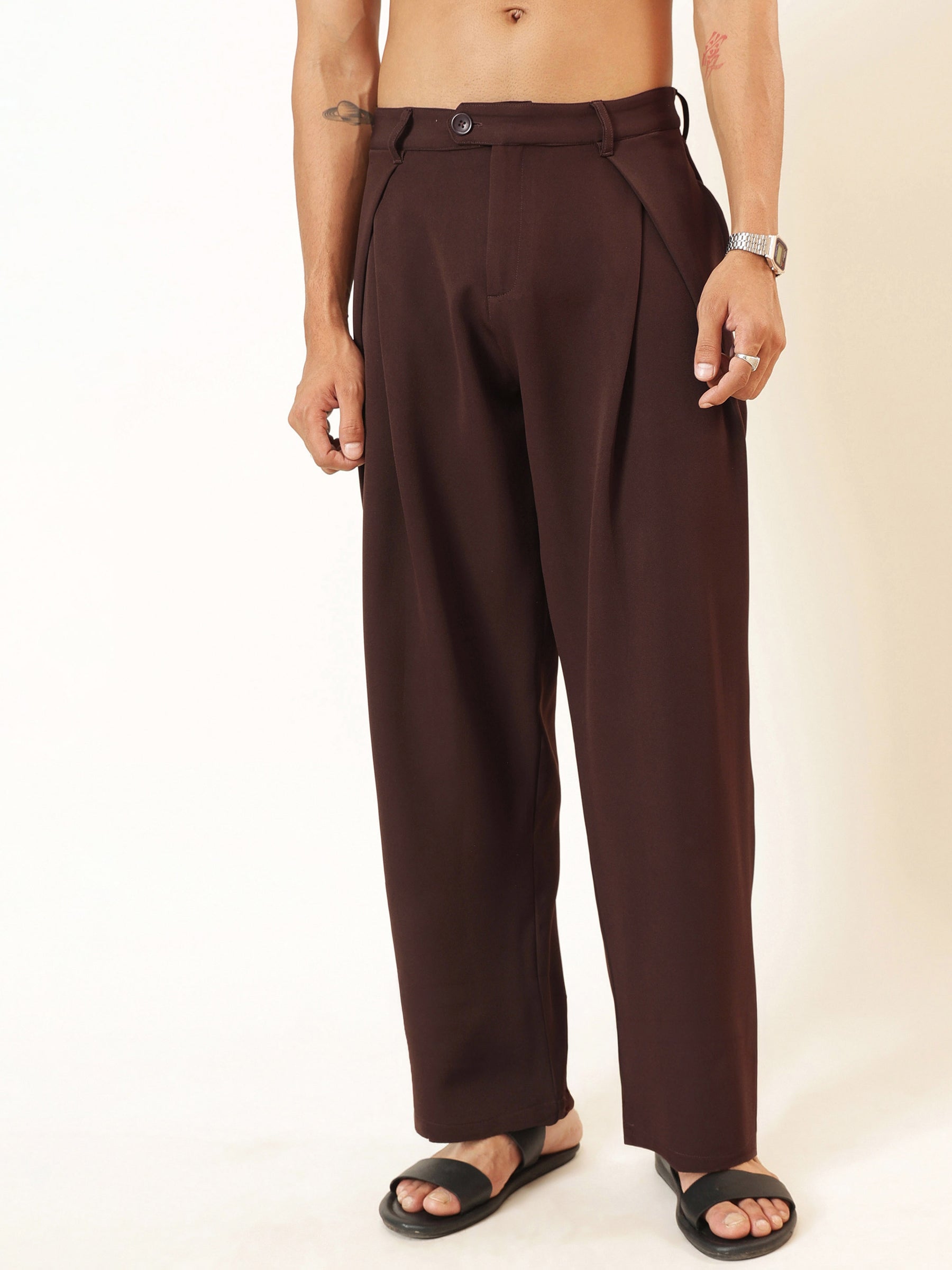 Men Dark Brown Front Pleat High Waist Korean Pants
