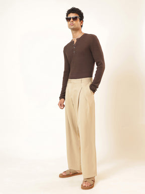 Beige Front Pleat High Waist Korean Pants-MASCLN SASSAFRAS