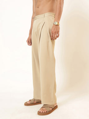 Beige Front Pleat High Waist Korean Pants-MASCLN SASSAFRAS