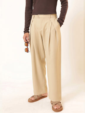 Men Beige Front Pleat High Waist Korean Pants