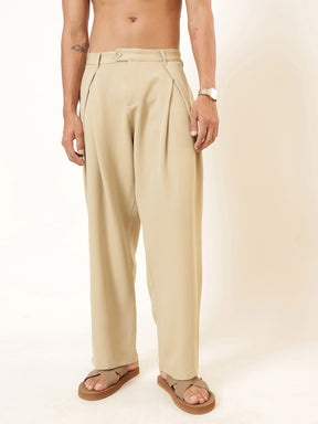 Men Beige Front Pleat High Waist Korean Pants