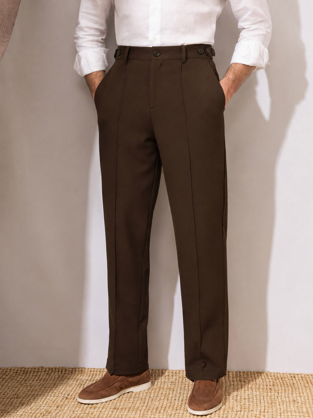 Coco Brown Pintuck Detail High waist Korean Pants-MASCLN SASSAFRAS