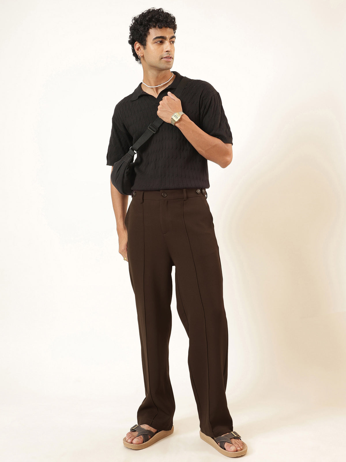 Coco Brown Pintuck Detail High waist Korean Pants-MASCLN SASSAFRAS