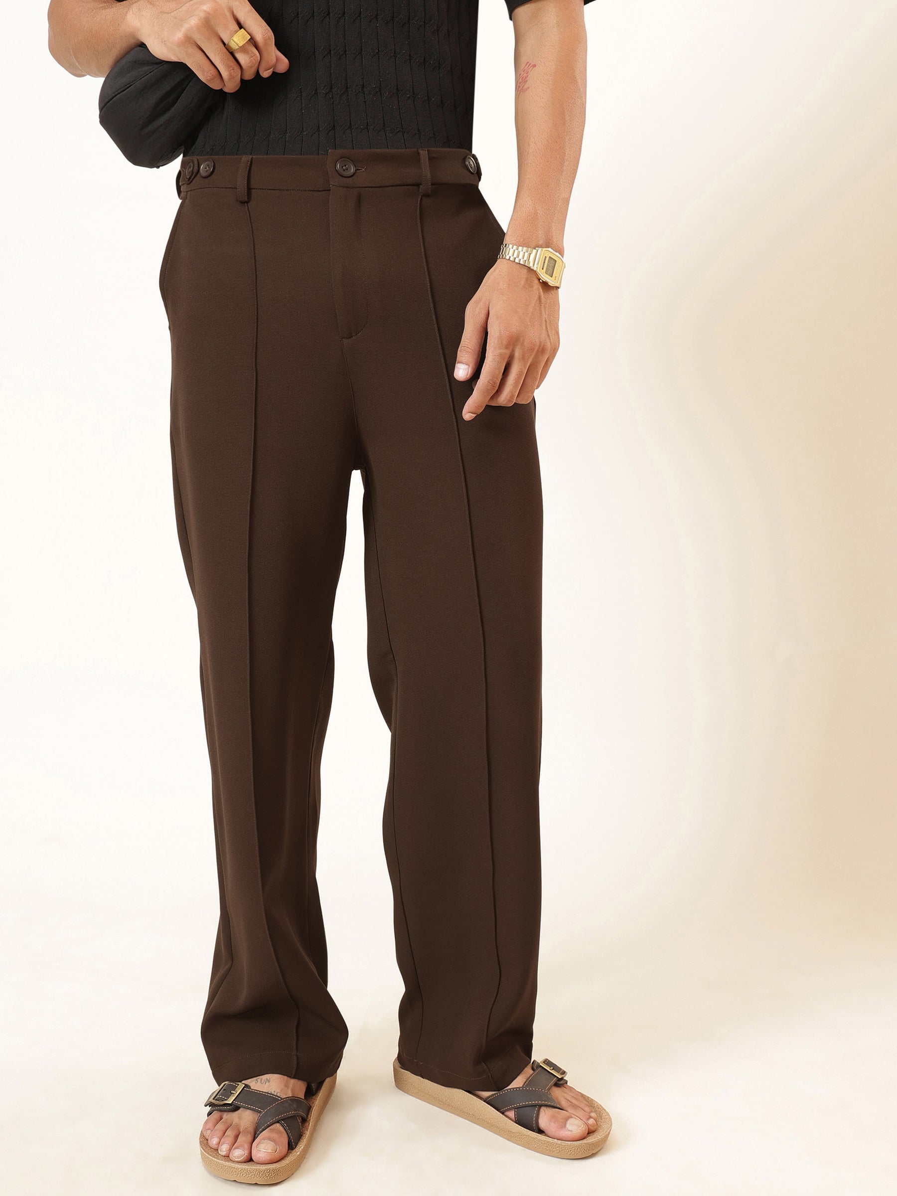 Men Coco Brown Pintuck Detail High waist Korean Pants