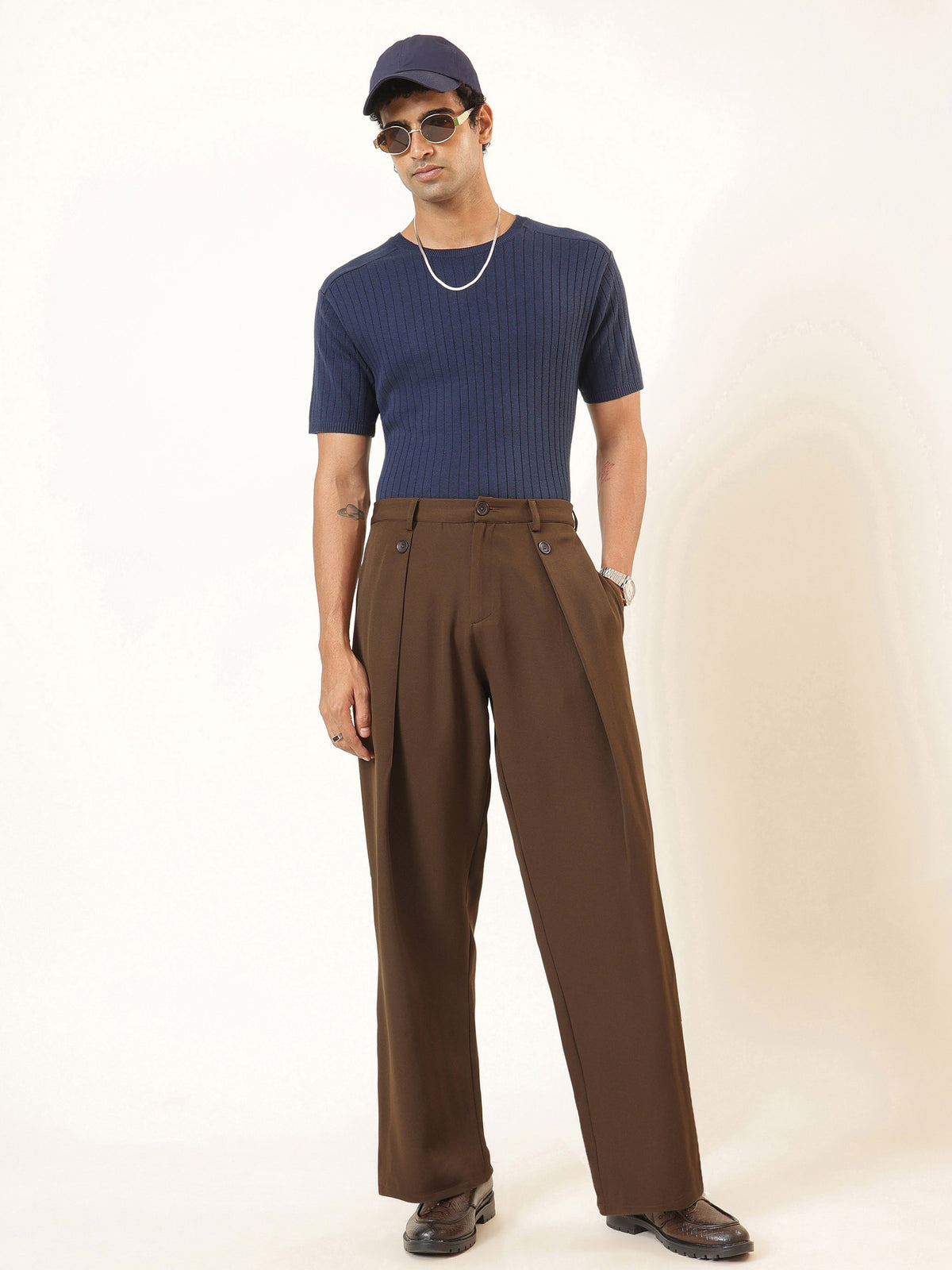 Tan Brown High Waist Button Pleat Hight Waist Korean Pants-MASCLN SASSAFRAS