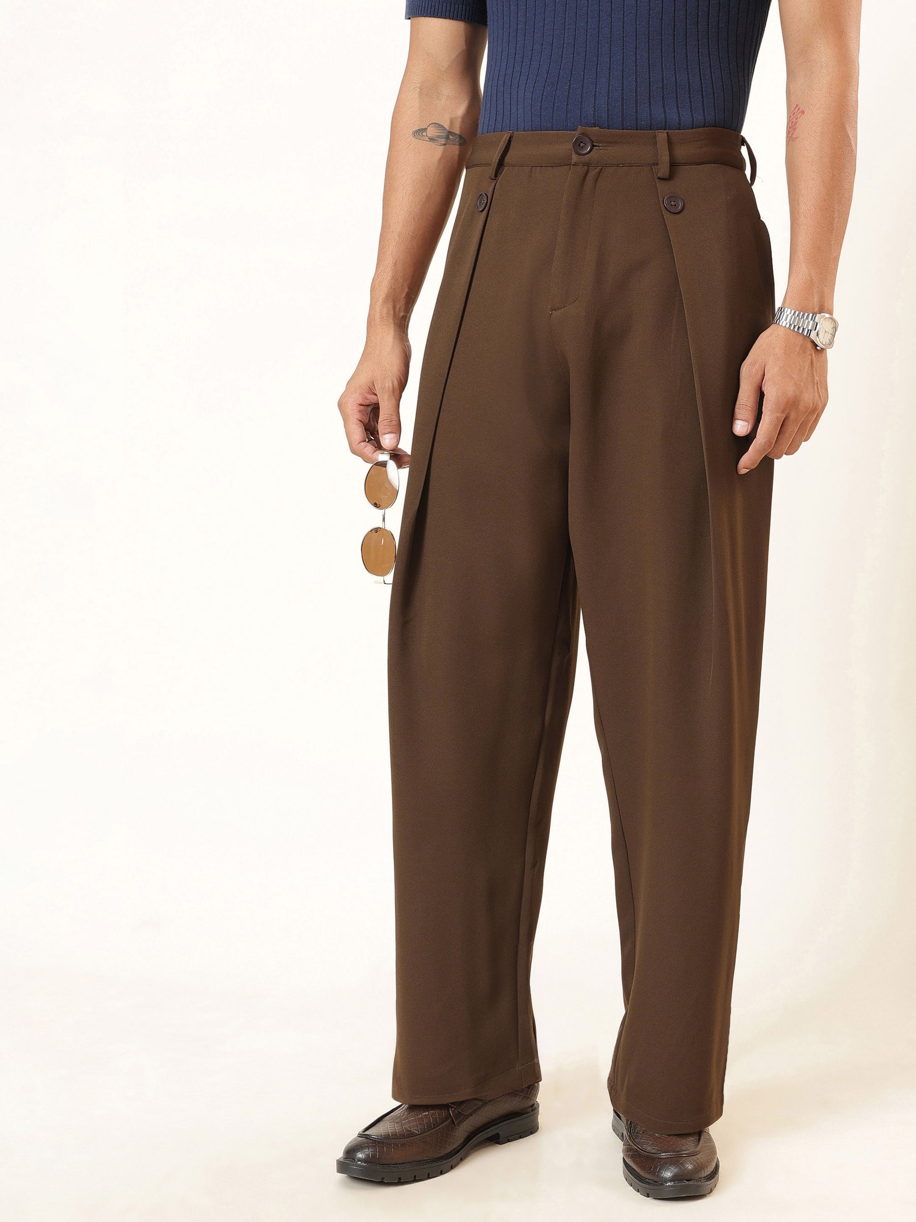 Men Tan Brown High Waist Button Pleat Hight Waist Korean Pants